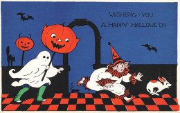 370359-Halloween, Gibson No GIB04-1, Girl & Dog Run From Ghost Holding Jack O Lantern On A Stick - Halloween