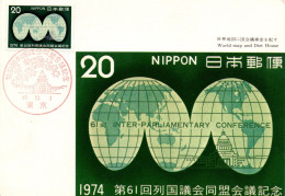 Japan 1974, Maximum Card, Inter Parliamentary Conference, Map - Lettres & Documents