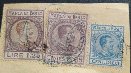 3 Marche Da Bollo Su Frammento Di Lire 1,25 E Di Cent.65 E 10 (inizi 900') - Revenue Stamps