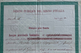 DEBITO PUBBLICO DEL REGNO D'ITALIA - CINQUE PER CENTO - ASSEGNO PROVVISORIO NOMINATIVO - FIRENZE 20 SETTEMBRE 1875 - Verkehr & Transport