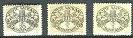 VATICANO 1946 SEGNATASSE RIGHE LARGHE CARTA GRIGIA 3 VAL. ** MNH 20 C. SAS. 14/I F.TO DIENA - Unused Stamps