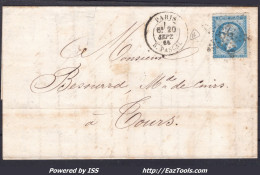 FRANCE N°22 SUR LETTRE AVEC ETOILE DE PARIS 29 + CAD RUE PASCAL DU 20/09/1865 - 1862 Napoléon III