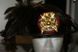 CAPPELLO MORETTO DEI BERSAGLIERI DA COLLEZIONE, PIUMINO CON PENNE DI CAPPONE ECCEZIONALE TAGLIA 55 - Headpieces, Headdresses