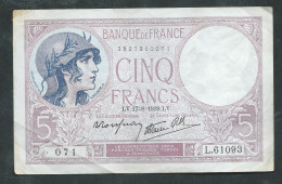 FRANCEFrance, 5 Francs, Violet, 17/8/1939  - 071 L.61093-  LAURA 12803 - 5 F 1917-1940 ''Violet''