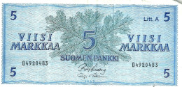 FINLAND 5 MARKKAA BLUE MOTIF FRONT & BACK SN LETT.A  ND(1963) P99a VF READ DESCRIPTION !! - Finnland