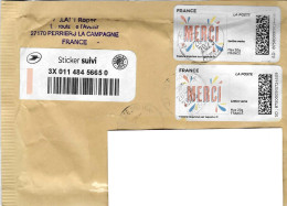 France, Courrier Suivi, 2 Timbres Personnalisés Imprimés "MERCI", 2023, Sur Lettre (enveloppe à Bulles) - Printable Stamps (Montimbrenligne)
