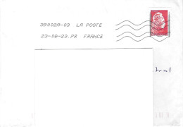 France, Timbre Marianne Adhésif De Carnet Avec 2 Bandes De Phosphores Très Visibles, Sur Lettre, 2023 - Storia Postale