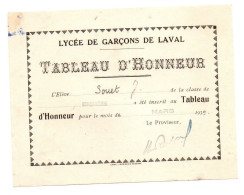 Tableau D'honneur Lycée De Garçons De Laval En Mars 1939 - Format : 16x12 Cm - Diplômes & Bulletins Scolaires