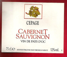 Etiquette De Vin Cépage Cabernet Sauvignon Vin De Pays D' Oc 12% Vol.- Chais Vinicoles 62500 - Saint Omer ? - Vin De Pays D'Oc