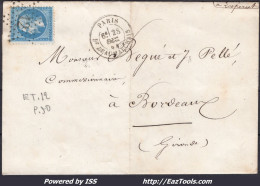 FRANCE N°22 SUR LETTRE AVEC ETOILE DE PARIS 12 + BT BEAUMARCHAIS DU 28/12/1864 - 1862 Napoleon III