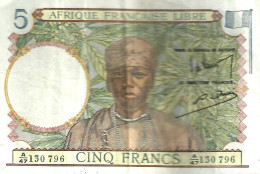 AFRIQUE OCCIDENTALE FRANCAISE LIBRE 5 FRANCS GRAY WOMAN FRONT & MAN BACK ND(1941) P.6 F READ DESCRIPTION !! - Other - Africa