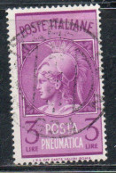 ITALIA REPUBBLICA ITALY REPUBLIC 1947 POSTA PNEUMATICA LIRE 3 USATO USED OBLITERE' - Posta Espressa/pneumatica