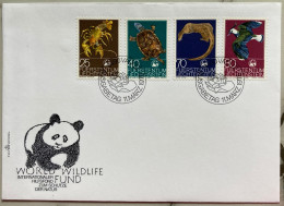 LIECHTENSTEIN 1976, WORLD WILD LIFE FUND, FDC COVER, 4 STAMP, CRY FISH, TURTLE, OTTER, LAPWING BIRD, PANDA ILLUSTRATE. - Storia Postale