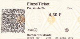 BRD Köln / Frechen EinzelTicket Preisstufe 2b 4,30 € Strassenbahn 2023 KVB Dürener Str. / Gürtel - Europa