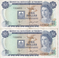 PAREJA CORRELATIVA DE BERMUDA DE 1 DOLLAR DEL AÑO 1984 (BANKNOTE) - Bermudas