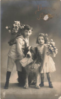 ENFANT - Bonne Année -Deux Enfants Avec Un Chien - Fleurs - Lettre - Carte Postale Ancienne - Otros & Sin Clasificación