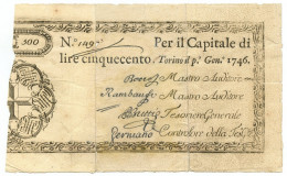 500 LIRE REGIE FINANZE TORINO REGNO DI SARDEGNA 01/01/1746 MB+ - Autres & Non Classés