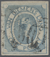 O Tasmania: 1853, 1d Blue With Full To Broad Margins All Around, Fine Used. Tiny L - Brieven En Documenten