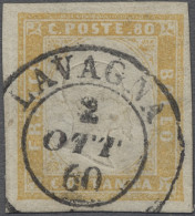 O Italian States - Sardinia: 1860, Mi.Nos. 14a, 14b, "80 Centesimi", Two Used Item - Sardaigne