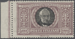 ** Italy: 1923, Alessandro Manzoni 50. Todestag, Höchstwert 5 Lire Lila / Schwarz, - Nuevos