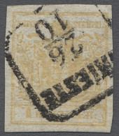 O Österreich: 1850, Wappenzeichnung 1 Kreuzer Ockergelb Auf Handpapier, Vollrandig - Gebruikt