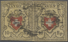 O/Paar Schweiz: 1850, Rayon II Ohne Kreuzeinfassung, 10 Rp. Schwarz / Hellrot / Bräunli - Oblitérés