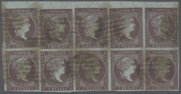 O Spain: 1 R. Horizontal Block Of 10 From Upper Sheet Margin, Fine Used, Impressiv - Used Stamps