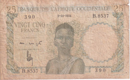 BILLETE DE AFRIQUE OCCIDENTALE DE 25 FRANCS DEL AÑO 1951 (BANKNOTE) - Stati Dell'Africa Occidentale