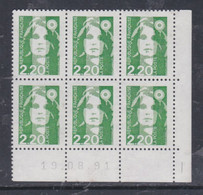 France N° 2714 XX Marianne De Briat 2 F. 20 Vert En Bloc De 6 Coin Daté Du 19 - 08 - 91 ;  Sans Charnière TB - 1990-1999