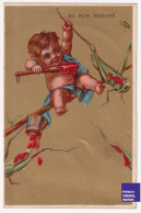 Rare Chromo Dorée 1880s Hutinet Au Bon Marché Paris Enfant Arbre Bébé Peinture Sauterelle Peintre Insecte Art A43-67 - Au Bon Marché