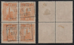 ALSACE - POSTE PRIVEE DE STRASBOURG / 1886 BLOC DE 4 DU # 7 - 3 PF. JAUNE ORANGE DENTELE OBLITERE (ref 7587f) - Gebraucht