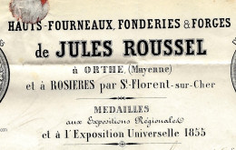 1875  ENTETE HAUTS FOURNEAUX J. Roussel Orthe Mayenne Rosieres Par St Florent Sur Cher Cher >Merckelbach Perrier Laval - 1800 – 1899