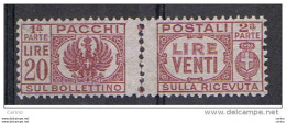 LUOGOTENENZA: 1946  P.P. SENZA  FASCIO  -  £. 20  LILLA  BRUNO  N. -  CENTRATURA  INCONSUETA  -  SASS. 65 - Pacchi Postali