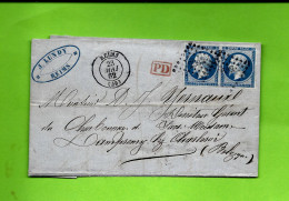 1862   2 Timbres Empire Non Dentelé Oblit. REIMS Marne Pour Dampremy Lez Charleroy Charbonnages Sacré Madame Belgique - 1800 – 1899