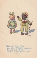 Black Boy & White Kewpie Girl Old Postcard - America