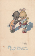 Black Boy & White Kewpie Girl Old Postcard - America