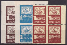 Canada 1951 CAPEX Exhibition Labels, MNH Blocks Of Four (3 Different Colors) - Privaat & Lokale Post