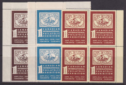 Canada 1951 CAPEX Exhibition Labels, MNH Blocks Of Four (3 Different Colors) - Vignettes Locales Et Privées