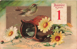 FÊTES ET VOEUX - Nouvel An - Des Oiseaux Sur Un Vase Renversé Avec Des Tournesols - Colorisé - Carte Postale Ancienne - Nouvel An