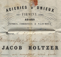 ENTETE 1860 ACIERIES D’UNIEUX Près Firminy Loire Sign. JACOB HOLTZER V.SCANS + HISTORIQUE - 1800 – 1899