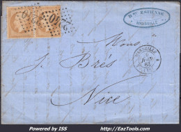 FRANCE N° 21x2 SUR LETTRE AVEC GC 2240 MARSEILLE BDR + CAD DU 29/06/1863 - 1862 Napoleone III