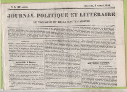 JOURNAL POLITIQUE TOULOUSE 5 1 1840 - TOULON - CHERCHELL - MOSTAGANEM - CONSTANTINOPLE - ALEXANDRIE - MADRID - SARAGOSSE - 1800 - 1849