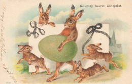 Joyeuses Pâques * CPA Illustrateur * Lapins Humanisés * Lappin Rabbit Rabbits Oeuf Paillettes * 1902 - Easter