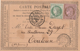 Yvert 53 + 58 Sur Carte Précurseur Oblitération Cachet Ambulant Cette à Bordeaux D 20/9/1876 Pour Toulouse Haute Garonne - Cartes Précurseurs