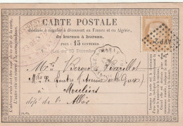 Yvert 55 Sur Carte Précurseur Cachet Convoyeur Station JOINVILLE Sur Marne  Losange AVP2  23/12/1875 Pour Moulins Allier - Cartes Précurseurs