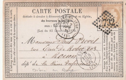 Yvert 55 Sur Carte Précurseur ORBEC EN AUGE Calvados 7/10/1875 GC 2732 Pour Rouen - Cartes Précurseurs