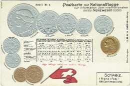 Carte Gaufrée. SCHWEIZ. Postkarte Mit Nationalflagge.  Suisse. Monnaie & Drapeau. - Münzen (Abb.)