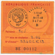 FRANCE - Vignette Automobile 1967/68 - 5 à 7 Cv - 90F - Marseille - Lettres & Documents