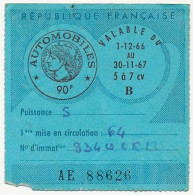 FRANCE - Vignette Automobile 1966/67 - 5 à 7 Cv - 90F - Marseille - Briefe U. Dokumente