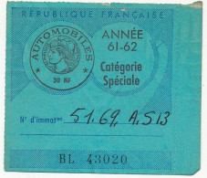 FRANCE - Vignette Automobile 1961/62 Catégorie Spéciale - 30NF - Briefe U. Dokumente